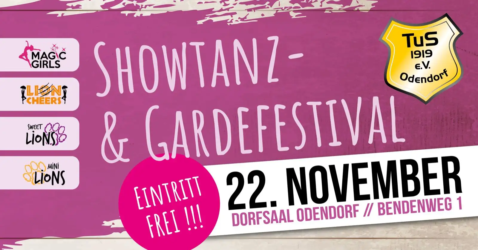Ankündigung des nächsten Showtanz und Gardefestivals am 22.11.2025 im Dorfsaal in Odendorf
